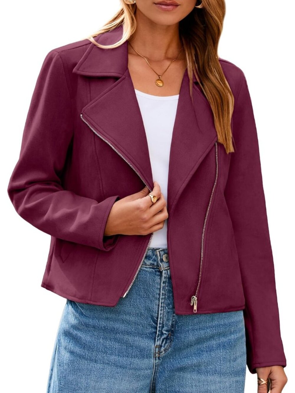 Women's Dark Purple Faux Suede Leather Long Sleeve Cropped Zipper Winter Jacket